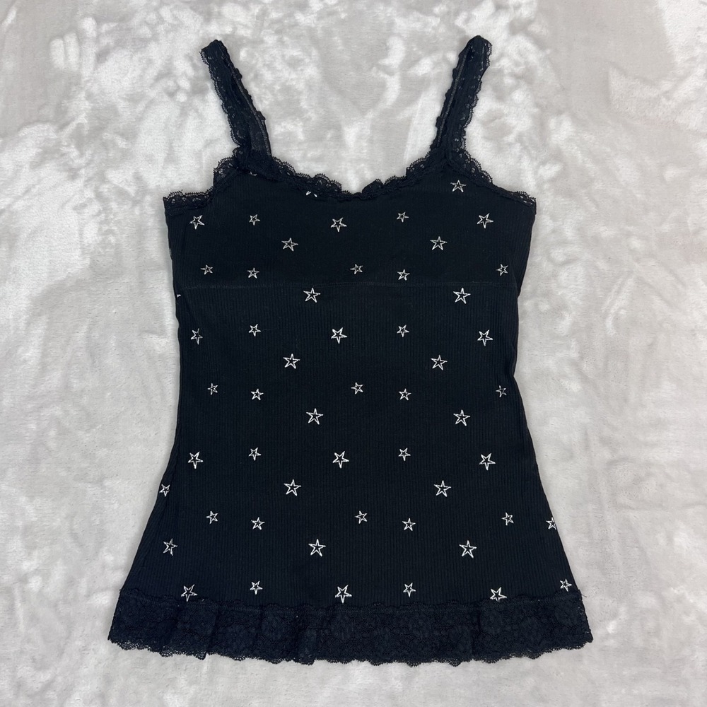 Black Star-Print Lace Trim Tank Top